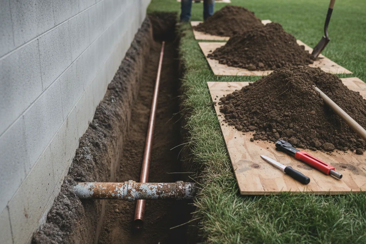Excavated water line trench during Sewer Line Repair in Rosedale